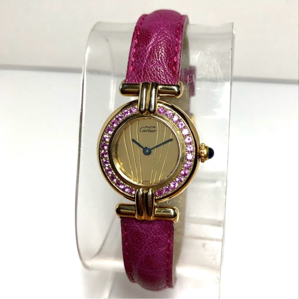 CARTIER VERMEIL COLISEE Quartz 24mm GP Silver 0.55TCW Pink SAPPHIRES Gold Dial